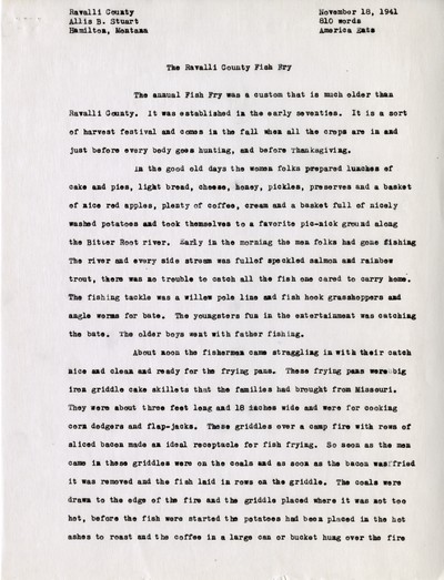 America Eats - Ravalli County - Allis B. Stuart - Ravalli County Fish Fry - Typed