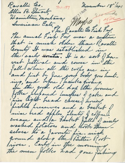 America Eats - Ravalli County - Allis B. Stuart - Ravalli County Fish Fry - Handwritten