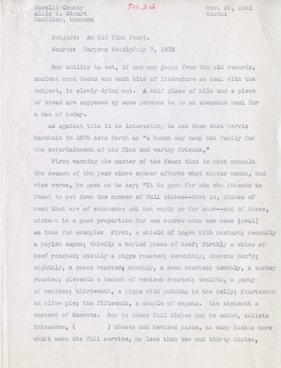 America Eats - Ravalli County - Allis B. Stuart - An Old Time Feast - Typed