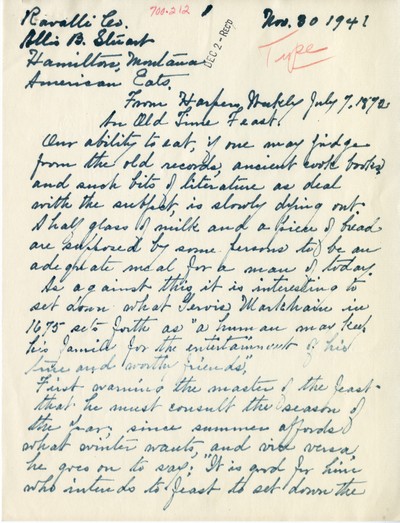 America Eats - Ravalli County - Allis B. Stuart - An Old Time Feast - Handwritten