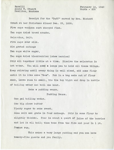 America Eats - Ravalli County - Allis B. Stuart - Receipt for the "Duff" - Typed