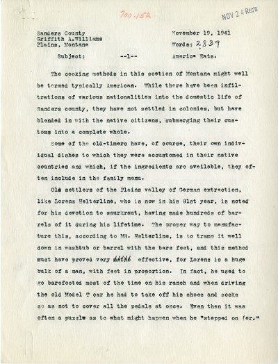 America Eats - Sanders County - Griffith Williams - Cooking Methods in Montana