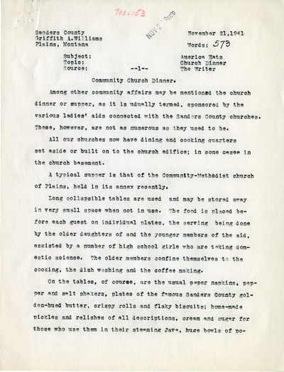 America Eats - Sanders County - Griffith Williams - Community Church Dinner