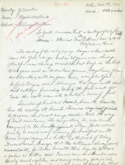 America Eats - Yellowstone County - Marshell Finke - Cowboys of Early Range Days - Handwritten
