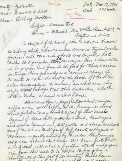 America Eats - Yellowstone County - Marshell Finke - Riding Clubs - Handwritten