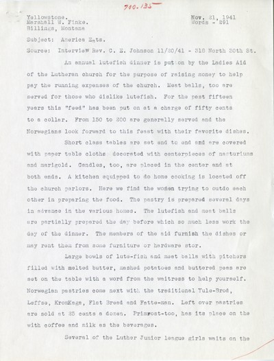 America Eats - Yellowstone County - Marshell Finke - Lutheran Lutefisk Dinner - Typed