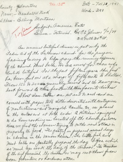 America Eats - Yellowstone County - Marshell Finke - Lutheran Lutefisk Dinner - Handwritten