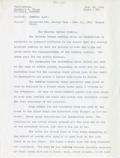 America Eats - Yellowstone County - Marshell Finke - The Russian German Wedding - Typed