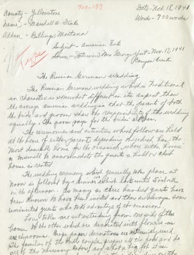 America Eats - Yellowstone County - Marshell Finke - The Russian German Wedding - Handwritten