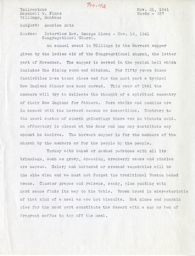 America Eats - Yellowstone County - Marshell Finke - Congressional Church Harvest Supper - Typed