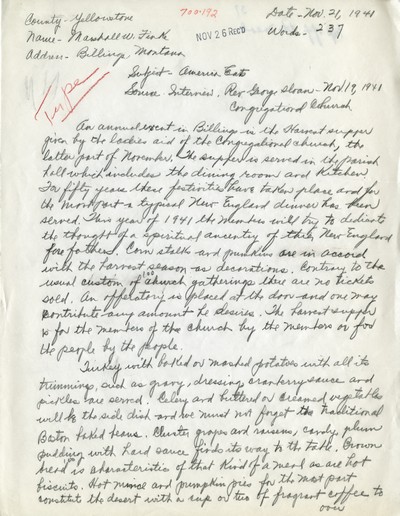 America Eats - Yellowstone County - Marshell Finke - Congressional Church Harvest Supper - Handwritten