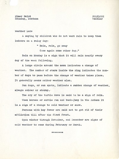 Weather Lore - Weather Signs - Musselshell - Roundup, Montana