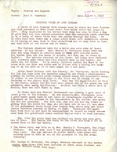 Story of a Visiting Tribe of Canadian Crow Indians to Red Lodge in 1897