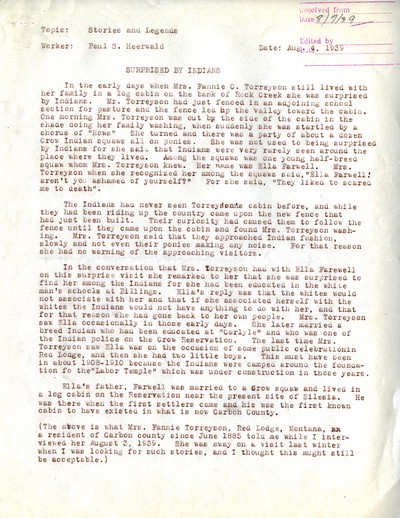 Story Of Being Surprised by Indians in 1885 - Crow Reservation, Carbon County, Montana