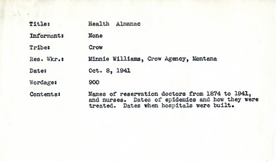 Crow Indian Tribe Health Almanac 1874-1941 - Crow Agency