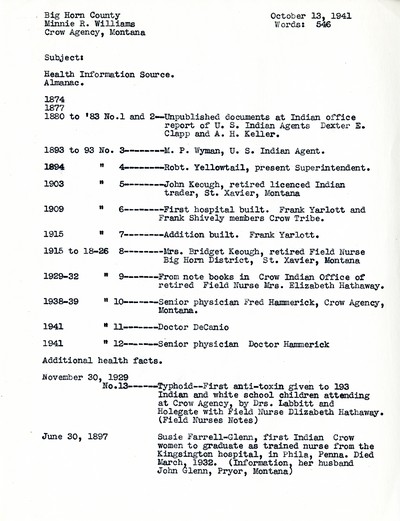 Crow Indian Tribe Health Almanac 1874-1941 - Crow Agency - Information Sources