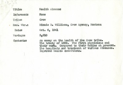 Crow Indian Tribe Health Almanac 1874-1941 - Crow Agency - Essay