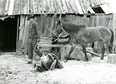 Walter Latta bringing in a horse to be saddled. Bozeman Montana July 1939