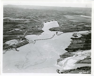 Aerial View Fort Peck Dam Construction - Outlet Portals and Dredges