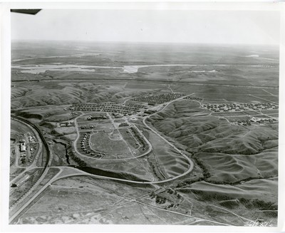 Aerial View Town of Fort Peck Looking South to Dike and Dam
