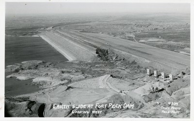 Aerial View Earth slide at Fort Peck dam looking west