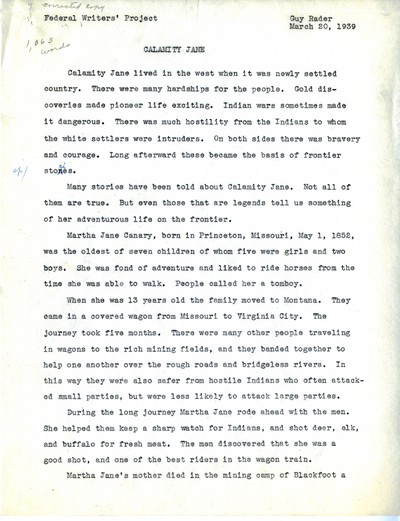 WPA Montana School Pamphlets - Calamity Jane