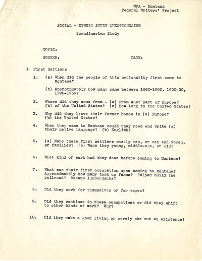 WPA Scandinavian Study - Montana Social and Ethnic Study Questionnaire