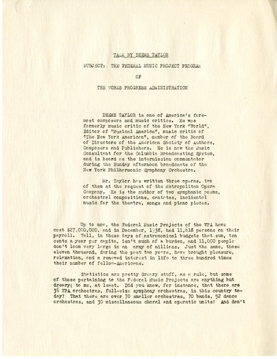 WPA Radio Talk - Federal Music Project Program