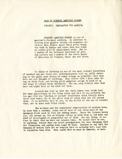 WPA Radio Talk - Recreation for America