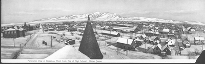 Panoramic view of Bozeman, Mont. from Top of High School. Winter scene.