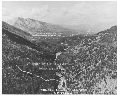 Pre-Construction Photo of Hungry Horse Dam Site, Dist. by Bureau of Reclamation