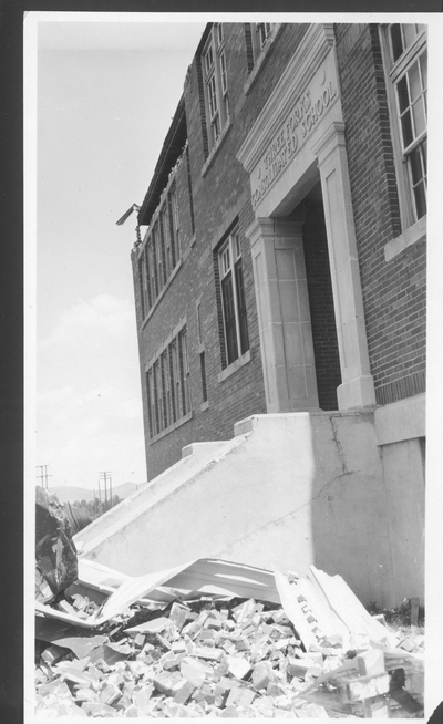 Three Forks Consolidated School After 1925 Earthquake (entrance view)