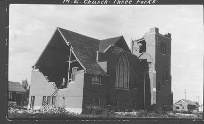 M.E. Church in Three Forks After 1925 Earthquake (corner/rear view)