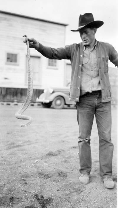 Man with rattlesnake in Ennis, Montana