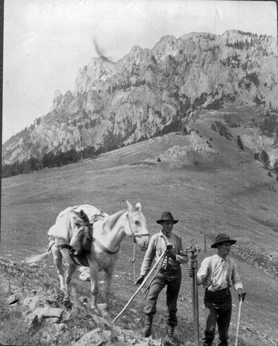 Lowell King & Bushnell on summit of Ross Peak, Bridger Mts