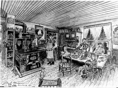 Period pen & ink drawing by John D. Ellingsen - Christmas dinner in a cabin