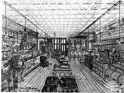 Period pen & ink drawing Christmas card by John D. Ellingsen - general store