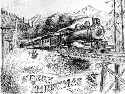 Period pen & ink drawing Christmas card by John D. Ellingsen - steam train going through a canyon