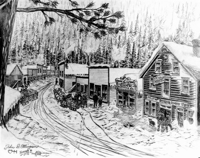 Period pen & ink drawing Christmas card by John D. Ellingsen - Garnet Montana