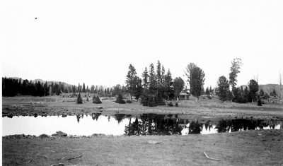 One of three small lakes & one or two of the dozens of old shacks in the timber at Lake City (Montana)