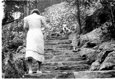 Yellowstone Park tourists on a stone stairway