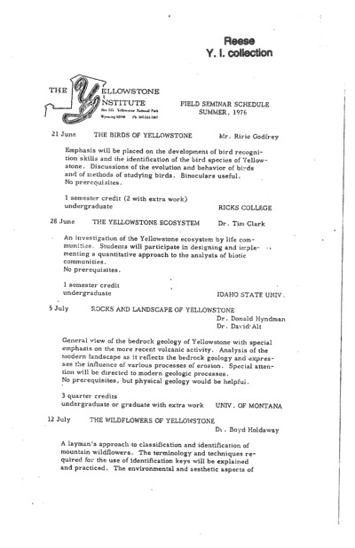 The Yellowstone Institute field seminar schedule, Summer, 1976.
