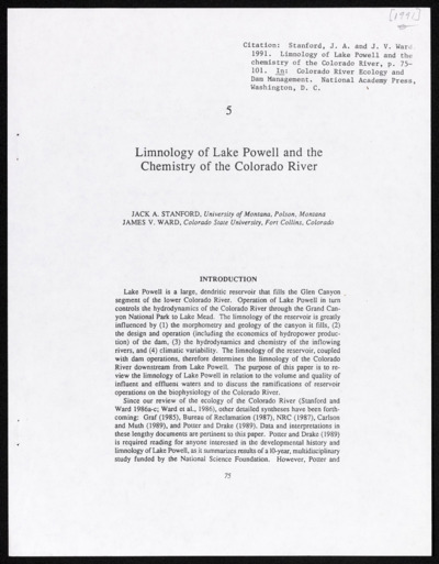 Limnology - chemistry of waters, Colorado