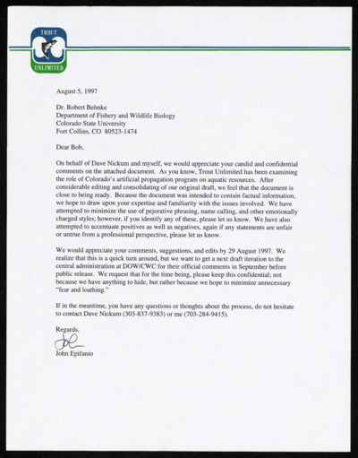 Conservation - commentary on hatchery report of Trout Unlimited