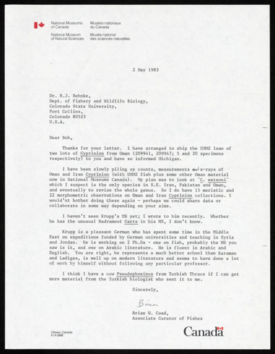 Middle East - Iranian fishes collection by Behnke with Brian Coad correspondence