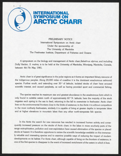 Arctic Char-International Symposium, 1981