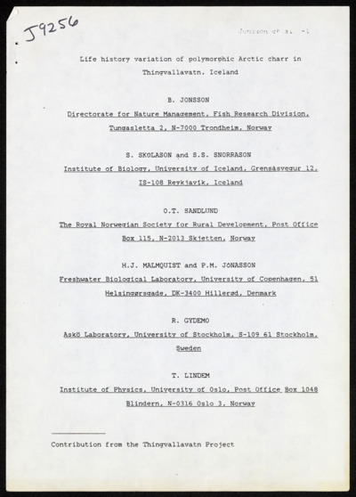 Arctic Char-"Life History Variation of Polymorphic Arctic Char"