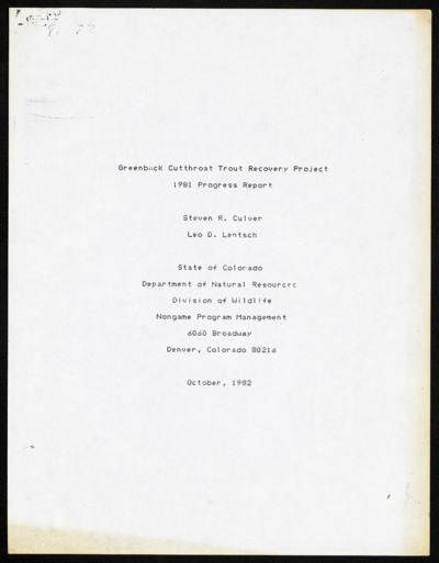 Greenback Cutthroat-Recovery, 1981