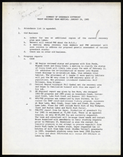 Greenback Cutthroat-Recovery, 1985