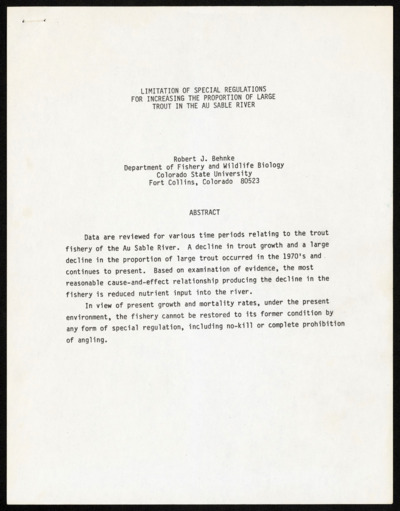 Unpublished articles on Au Sable River